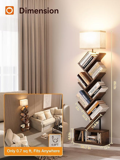 addlon 6-Tier Tree Book Shelf with LED Light, Steel&Wood Bookshelf with Storage Cabinet, Narrow Tall Bookcase with 3CCT Bulb, Small Bookshelf for Bedroom, Home Office&Living Room-Rustic Brown