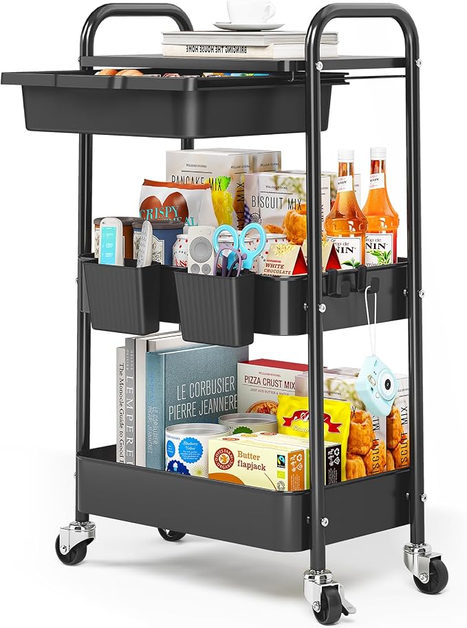 3 Tier Metal Rolling Utility Cart with Drawer & Lockable Wheels - Heavy Duty Multifunctional Storage Organizer with 2 Cups and 4 Hooks for Bathroom, Kitchen, Snack, Craft, Makeup, Baby Essentials