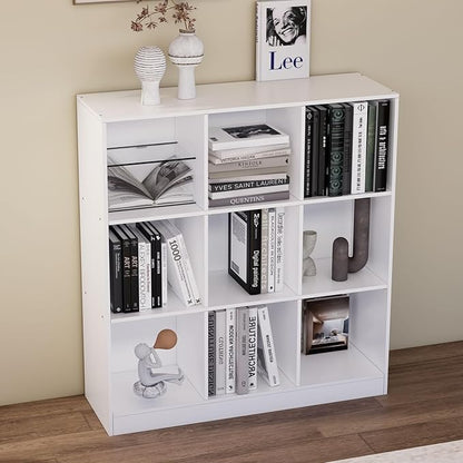 9-Cube Wooden Bookshelf with Base,3-Tier Freestanding Open Storage Organizer,Multi-Functional Bookcase for Living Room,Bedroom,Study and Office (White, 9-Cube)