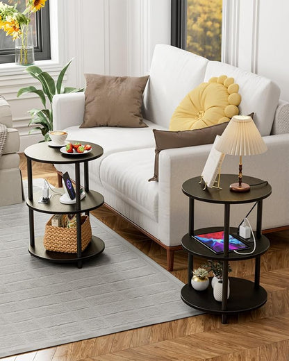 XBurmo Small Round End Table - 3 Tier Design Accent Table, Narrow Side or Bedside Stand, Industrial Vintage Table for Small Spaces, Built-in USB Ports and Power Outlet, Charcoal Wenge