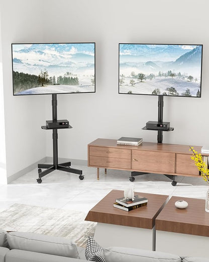 BONTEC Rolling TV Stand with Tilt, Mobile TV Stand Wheels for 23–65 Inch LED LCD TVs, Portable TV Cart with Adjustable Shelf for Living Room, Bedroom, Outdoor TV Stand Holds 88 lbs, Max VESA 400x400mm