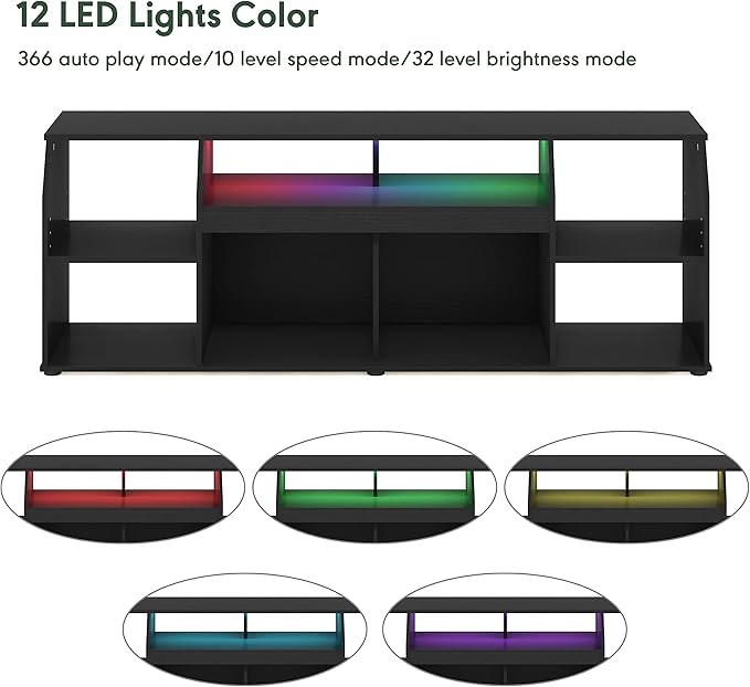 Furinno Jaya TV stand for up to 65 Inch TV, Gaming Enterteinment Center with LED Lights, Living Room Media Console Table, Americano