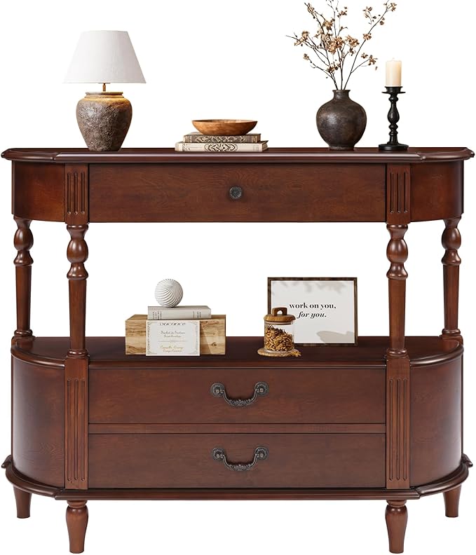 43" Retro Curved Console Table with Drawers, Solid Wood Half Moon Console Table Entry Sofa Table with Storage with Solid Pine Roman Legs Open Shelf for Small Spaces Living Room,Cherry