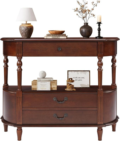 43" Retro Curved Console Table with Drawers, Solid Wood Half Moon Console Table Entry Sofa Table with Storage with Solid Pine Roman Legs Open Shelf for Small Spaces Living Room,Cherry