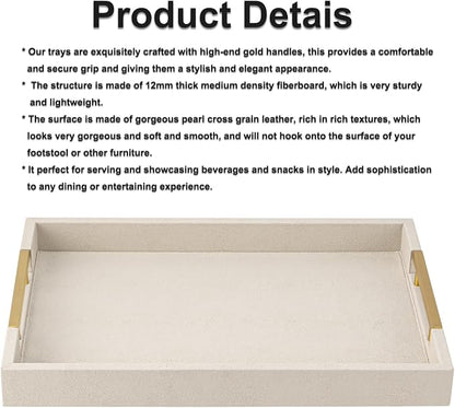 Beige Faux Leather Serving Tray with Handles – Large Decorative Tray for Coffee Table, Ottoman, Living Room, Bathroom – Home Decor