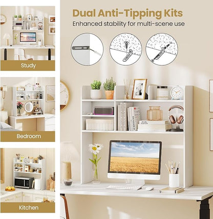 Tangkula Desktop Bookshelf for Computer Up to 32”, 37” Countertop Storage Hutch with 6 Storage Shelves, 3-Tier Desktop Organizer Display Rack, Wooden Desk Hutch for Dorm Home Office (White)