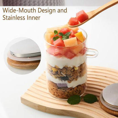 Glass Overnight Oats Containers with Lids and Spoons, 4 Pack 16oz Over Night Oats Jars with Secure-Grip Bands, Borosilicate Glass Salad Jars for Yogurt, Chia Pudding, Breakfast Oatmeal, Parfait