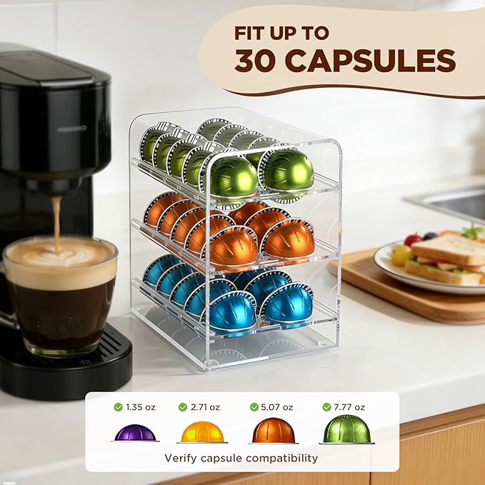 Acrylic Coffee Pod Holder for Nespresso Vertuo Pods, Countertop Coffee Capsule Storage Organizer, Coffee Drawer for Espresso Accessories, Coffee Gift for Coffee Lovers(Clear_30 Pods)