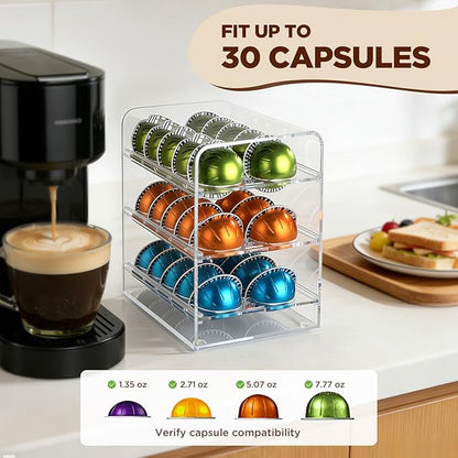 Acrylic Coffee Pod Holder for Nespresso Vertuo Pods, Countertop Coffee Capsule Storage Organizer, Coffee Drawer for Espresso Accessories, Coffee Gift for Coffee Lovers(Clear_30 Pods)