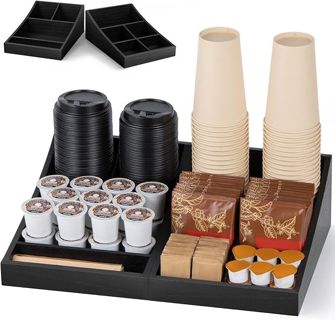 ANBOXIT Coffee Station Organizer for Countertop, Condiment Service Organizer, Coffee Bar Supplies Caddy for Home, Office and Breakroom - Wooden, Black, 9 Compartment, Two-in-One