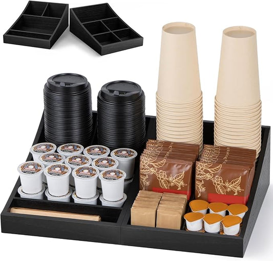 ANBOXIT Coffee Station Organizer for Countertop, Condiment Service Organizer, Coffee Bar Supplies Caddy for Home, Office and Breakroom - Wooden, Black, 9 Compartment, Two-in-One