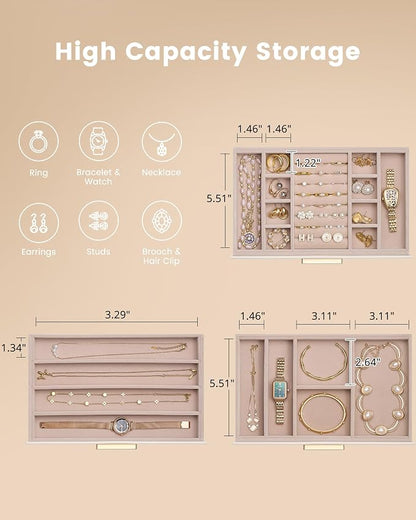 Lolalet Jewelry Box Organizer, 3-Layer Jewelry Organizers and Storage Case with Glass Lid, Ring Earring Bracelet Necklace Holder Organizer, Mothers Day Gifts for Mom, Women Girls -3Layer, Beige