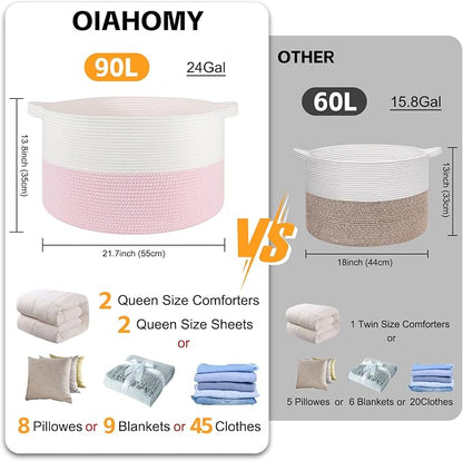 OIAHOMY 90L XXXLarge Blanket Basket for Living Room, 21.7" x 13.8" Woven Cotton Rope Laundry Basket for Organizing Pillows, Decorative Stuffed Animal Toy Storage for Nursery, White and Pink