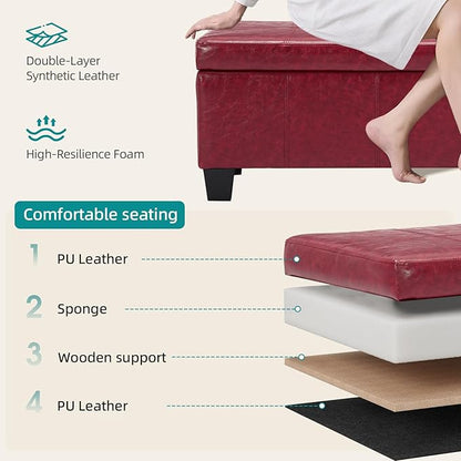 41" Storage Ottoman Bench, Faux Leather Storage Foot Rest with Safety Hinge, Load up to 660 lb Upholstered Tufted Entryway Bench with Seating for Living Room, Bedroom, Wine Red