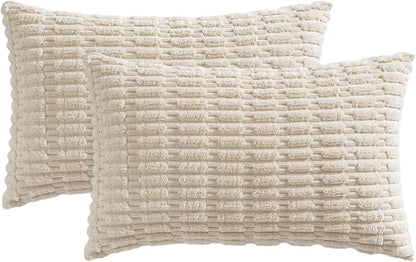 MIULEE Pack of 2 Corduroy Decorative Lumbar Throw Pillow Covers 24x12 Inch Soft Boho Striped Pillow Covers Modern Farmhouse Home Decor for Sofa Living Room Couch Bed Cream White