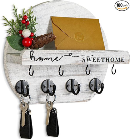 Key Holder for Wall, Key and Mail Holder Organizer - Key Holder Wall Mount with Bouquet Shelf and Key Hooks, Round Wooden Rustic Key Rack for Entryway and Home Decor (Pale White)