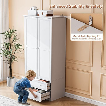 VINGLI Wooden Armoire Wardrobe Closet, 72" H Wardrobe Cabinet Closet, Freestanding Clothing Storage Cabinet, Wooden White Bedroom Armoire, Combination for Hanging Clothes