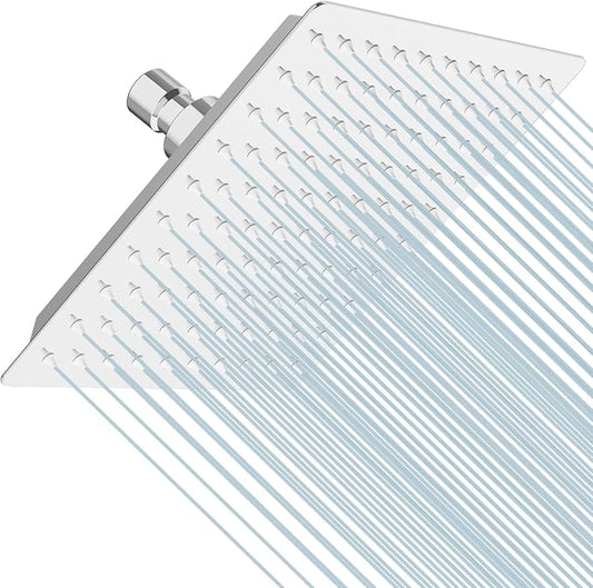 BESy 8 Inch Rain Shower Head, 8" Square Rainfall & High Pressure Stainless Steel Bath Shower Head, 1/16" Ultra Thin, Waterfall Full Body Coverage with Silicone Nozzle, Polished Chrome