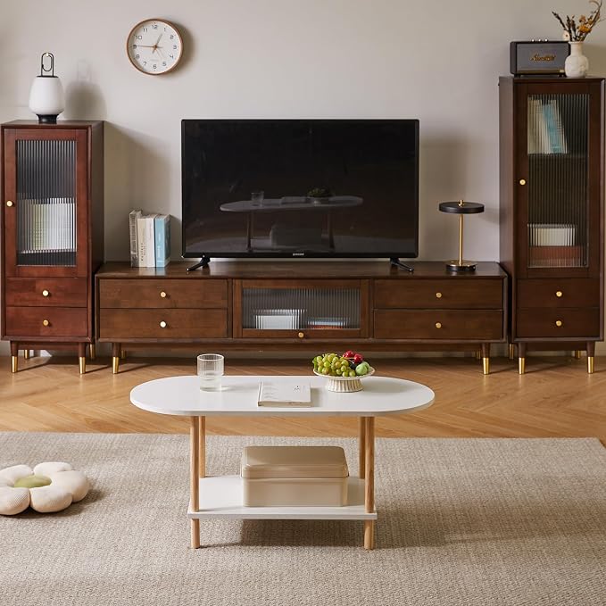 Aibiju Oval Coffee Table White, Small Wooden Coffee Table for Small Space, Tea Table Stand 35 * 16 * 17 inches, 2 Tier Center Table for Living Room White YD-012W