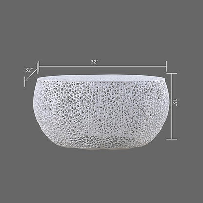 Modern Contemporary Round 32" Coffee Table, Solid Aluminum intrigued Design, Drum Shaped Mesh Cocktail Table, Creative Center Table for Living Room and Bedroom, Casted in White