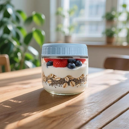 SHOWIN Overnight Oats Containers with Lids, 10oz Glass Jars with Lids 8 pcs, Light Blue, Wide Mouth Mason jars for Salad, Yogurt, Snacks, Meal Prep