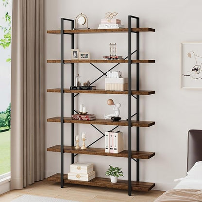 HSH 6 Shelf Tall Bookcase, Industrial Modern Large 6 Tier Bookshelf, Open Wood and Metal Display & Storage Rack,Farmhouse Bookcases and Book Shelves 6 Shelf for Bedroom Living Room Office,Rustic Brown