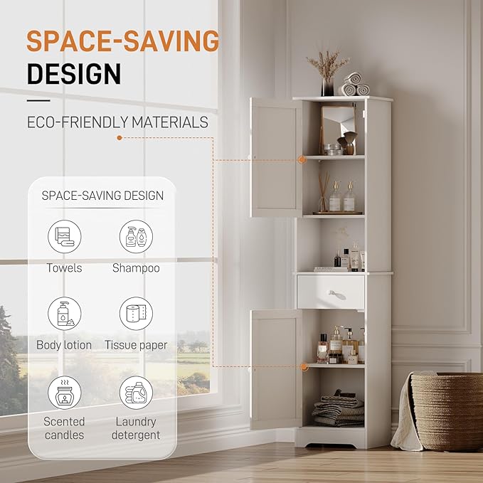 Tall Bathroom Cabinet, Storage Cabinet with 2 Doors & 2Drawer, with Ajustable Shelve, for Bathrooms, Kitchens,Entrances,Bedrooms（White）