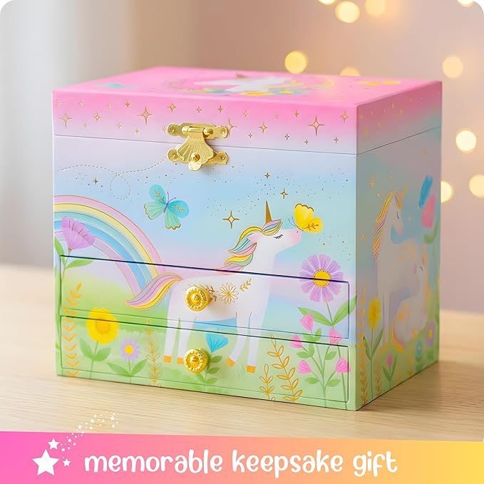 Giggle & Honey Musical Jewelry Box for Girls,Unicorn Toys for Girls 4-6, Easter Gifts for Kids, 6.8 x 5.3 x 6 in