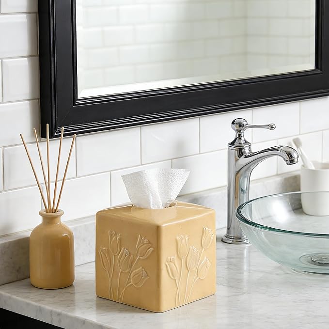 Beige Ceramic Tulips Tissue Box Cover - Modern Square Decorative Organizer for Facial Tissues, Farmhouse Style Home Decor for Bathroom, Bedroom, Living Room & Office