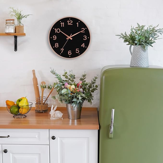 Roymnie Wall Clock, Silent Wall Clocks Battery Operated 8 Inch-Modern Non Ticking Analog Clock Decorative for Kitchen Office Bathroom Bedroom(Black Rose Gold)