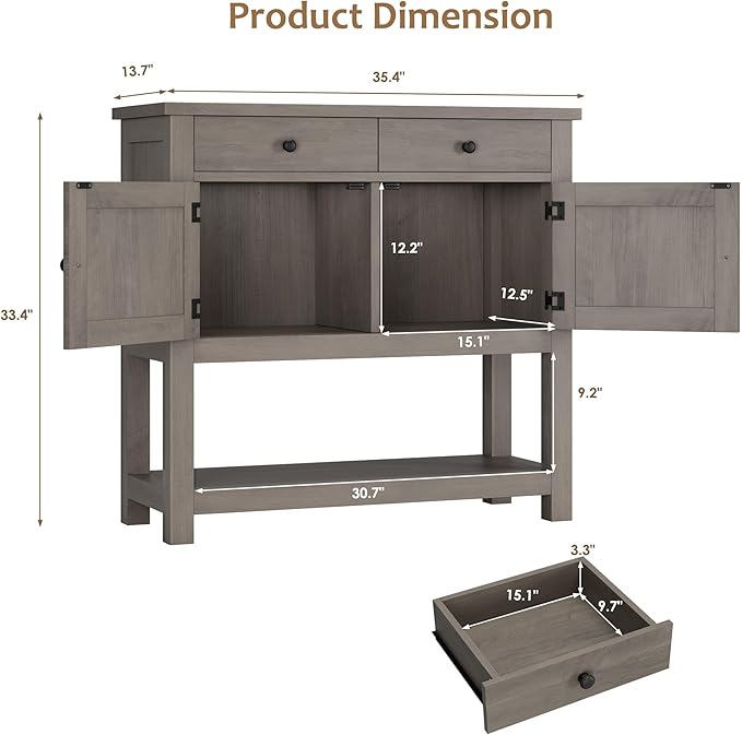 HOSTACK Farmhouse Console Table with 2-Door Cabinet & 2 Drawers, Coffee Bar, Entryway Table with Storage Shelf, Sofa Tables Buffet Sideboard for Kitchen, Hallway, Dining, Living Room, Ash Gray