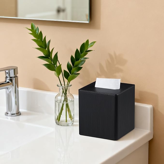 Tissue Box Cover Square with Magnetic Closure, PU Leather Tissue Box Holder for Bathroom NightStands Livingroom, Decorative Modern Square Tissue Holder (Black)