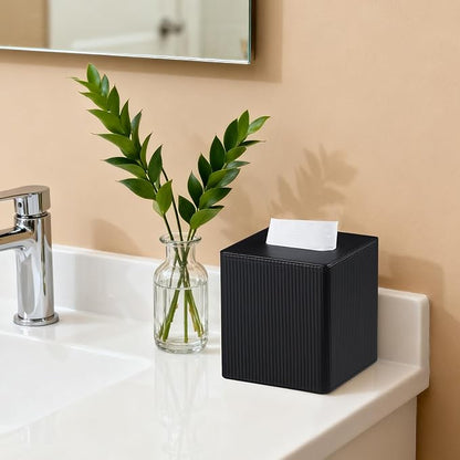 Tissue Box Cover Square with Magnetic Closure, PU Leather Tissue Box Holder for Bathroom NightStands Livingroom, Decorative Modern Square Tissue Holder (Black)