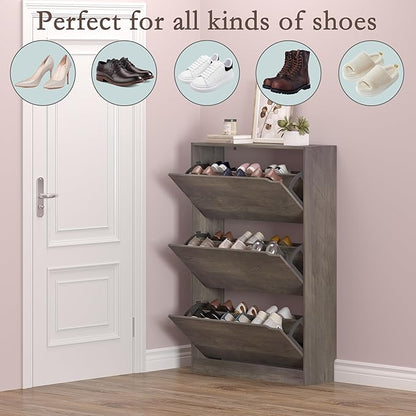 BORNOON Shoe Cabinet with 3 Flip Drawers, Hidden Wood Shoe Cabinet,Freestanding Shoe Storage Cabinet for Entryway Hallway