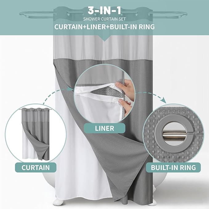 Grey No Hook Waffle Weave Shower Curtain with snap-in Liner Replacement, 230GSM Waterproof Fabric Hotel Shower Curtain Set for Bathroom, Through Mesh Top Window,48Wx74H