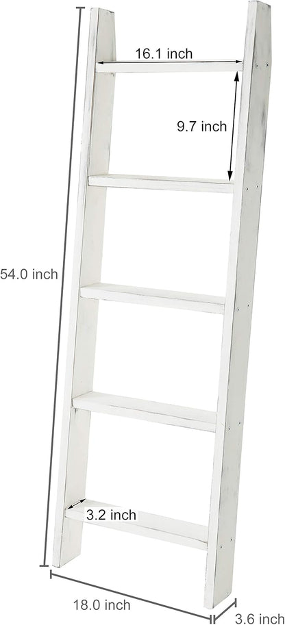 MyGift Large Whitewashed Wood Ladder Blanket Ladder, Farmhouse Style Wall Leaning Towel Rack with 5 Rungs (Vintage White)