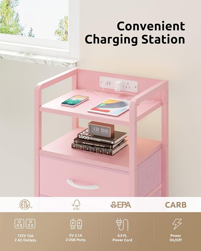 Lazzanto Night Stand Bedside Charger Bedroom - Nightstand with Charging Station & LED Light Strip, Night Stand with Storage Shelf & 3 Fabric Drawers, Morden End Table with USB Ports&AC Outlets,Pink