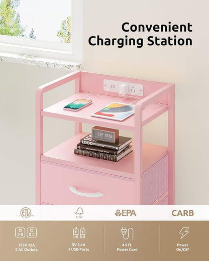 Lazzanto Night Stand Bedside Charger Bedroom - Nightstand with Charging Station & LED Light Strip, Night Stand with Storage Shelf & 3 Fabric Drawers, Morden End Table with USB Ports&AC Outlets,Pink