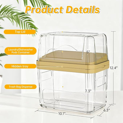 2-in-1 Trash Bag Dispenser & Laundry/Dishwasher Pods Container, Clear Acrylic Garbage Bag Holder with Removable Lids, Under Sink Organizer Kitchen Pantry Storage Box