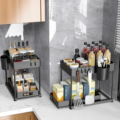 2 Pack Under Sink Organizer with Pull-Out Drawer, 2-Tier Cabinet Storage for Kitchen & Bathroom, Tool-Free Assembly, Fits Cleaning Supplies & Toiletries, Space Saving for Small Cabinets, Black