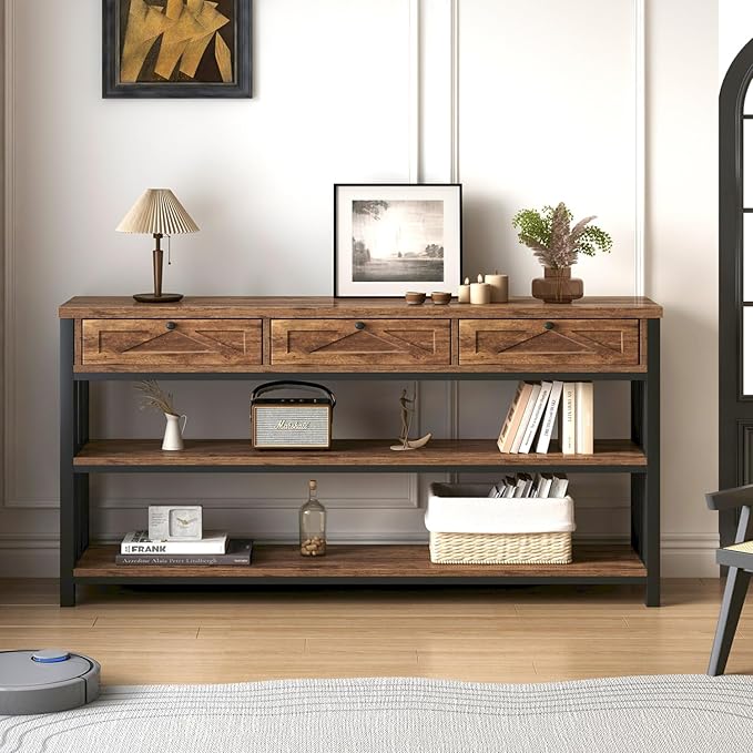 HSH Entryway Table with 3 Drawers, 55” Rustic Sofa Table with Storage Shelves, 3 Tier Console Table Behind Couch for Living Room, Farmhouse Wood Metal Entry Hallway Table for Entrance, Brown, 55 inch