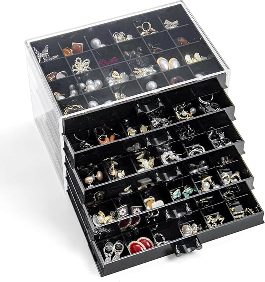 YUFONG Earring Storage Box Organizer, Acrylic Jewelry Storage Box Holder 5 Drawers Transparent Jewelry Display Stand with 120 Small Compartments Gift Boxes for Women Girls (Black)