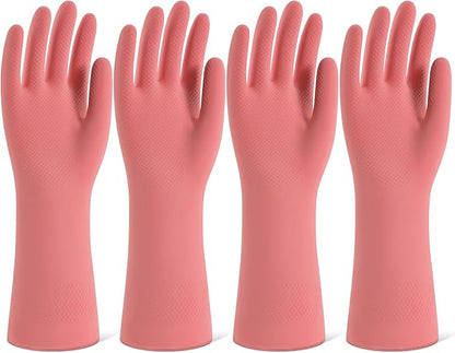 Rubber Cleaning Gloves for Dishwashing, 4 Pairs Reusable Kitchen Gloves for Washing Dishes and Household Cleaning, Pink Dish Gloves with Flocked Lining and Non-Slip Grip, Pefect for Woman Men - L