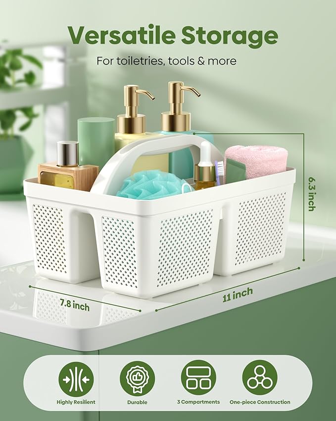 4 Pack Portable Shower Caddy, Integrated Handle, Reinforced Plastic, Quick-Dry Ventilation Holes, Multi-purpose Storage Basket for Home, Dorm and Bathroom, Kitchen, White