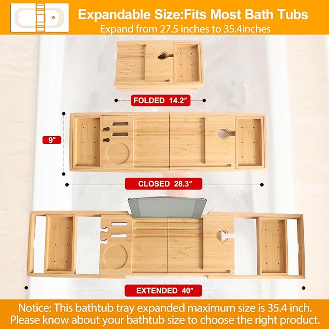 Banlilu Premium Natural Bamboo Expandable Bathtub Tray Caddy, Luxury Spa-Like Experience, Adjustable, Sturdy, Non-Slip, Foldable
