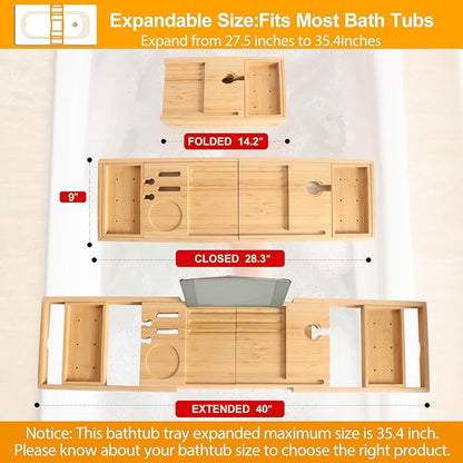 Banlilu Premium Natural Bamboo Expandable Bathtub Tray Caddy, Luxury Spa-Like Experience, Adjustable, Sturdy, Non-Slip, Foldable
