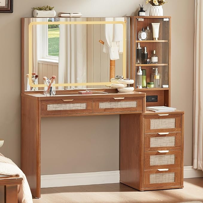 LEYAOYAO Rattan Vanity Desk with Mirror and Lights, 43.5'' Boho Makeup Vanity with 6 Drawers and Adjustable Shelves, Brown Make Up Vanity Dressing Table with Glass Top and Power Outlet for Bedroom