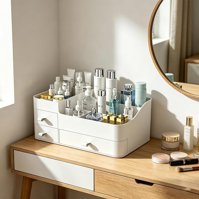 Makeup Organizer with Drawers, Bathroom Counter Organizer, Plastic Cosmetic Display Case, Large Skincare Storage for Vanity Countertop, Ideal for Bedroom Dresser top and Desktop
