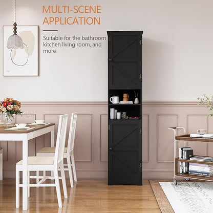 Tall Bathroom Storage Cabinet, Vertical Freestanding Organizer with Adjustable Shelf, Slim Design for Small Bathrooms, Towels & Toiletries Storage Black
