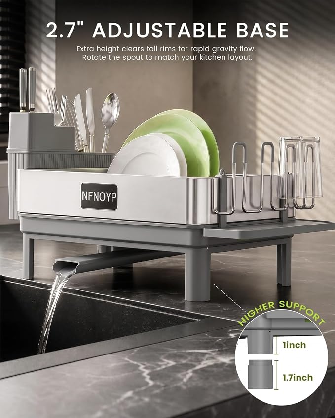 Dish Drying Rack, 304 Stainless Steel Dish Rack and Drainboard Set, Rustproof Dish Drainer with Anti-Pooling Automatic Drainage, Large Capacity Kitchen Counter Organizer, Grey